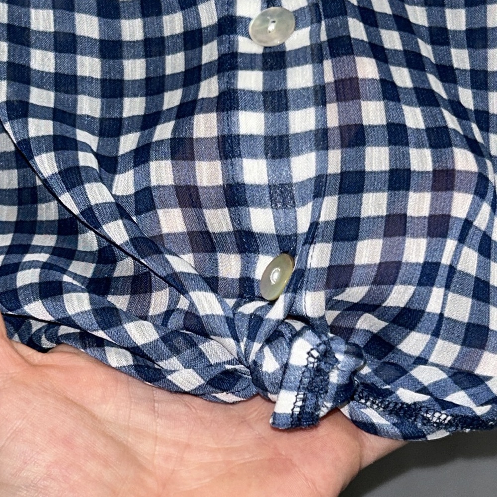 41- About A Girl Checkered Blue & White Buffalo Plaid LS Sheer Top Medium - Picture 7 of 10
